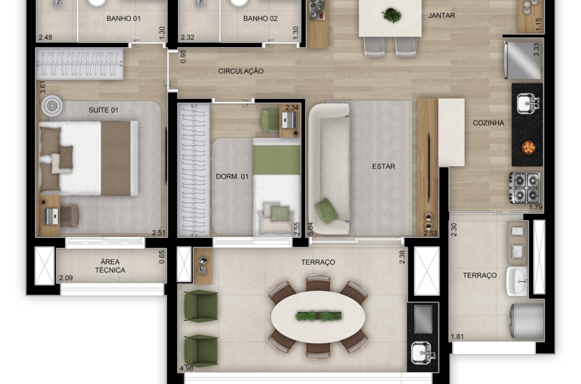 Planta de 2 dorms. (1 suíte) - 74m²  - 5º ao 26º pavimento (Perspectiva artística)