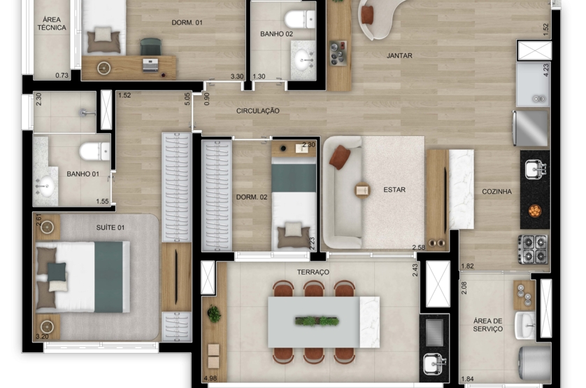 Planta 3 dorms. (1 suíte) - Opção ampliado com lavabo - 91m² - 5º ao 26º pavimento (Perspectiva artística) 