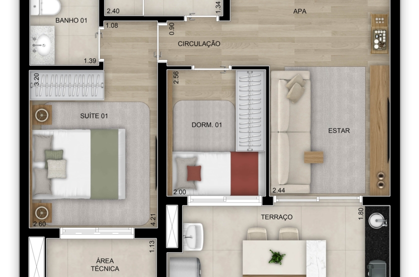 Planta de 2 dorms. (1 suíte) - 55m² - 6º ao 26º pavimento (Perspectiva artística)