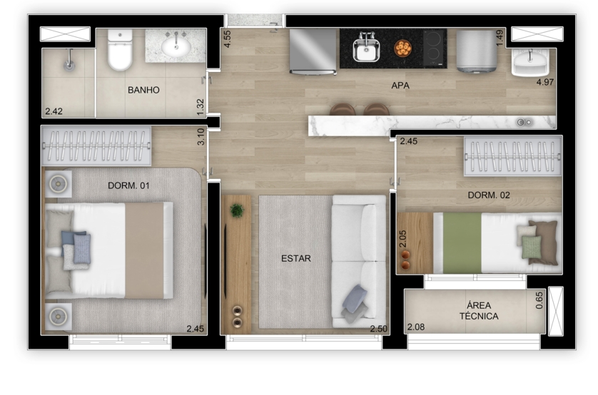 Planta de 2 dorms. - 38m² (Perspectiva artística)