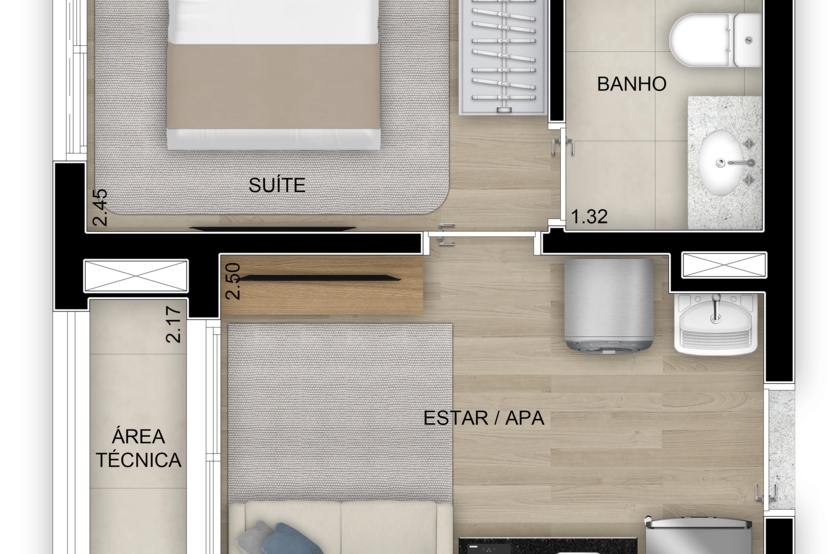 Planta de 1 suíte - 30m² (Perspectiva artística)