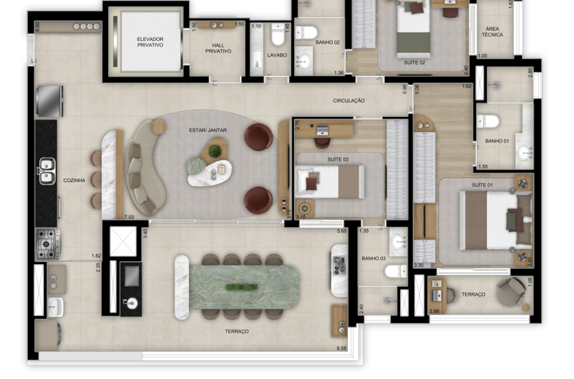 Planta de 3 suítes - 128m² - Torre 1 (Perspectiva artística)