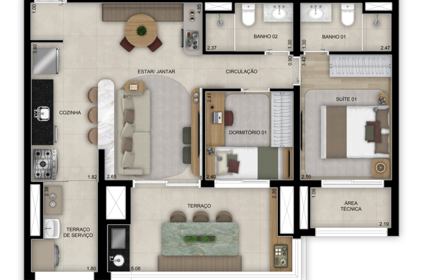 Planta de 2 dorms. (1 suíte) - 75m² - Torre 1 (Perspectiva artística)