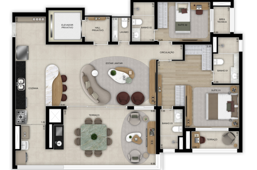 Planta de 2 suítes - Opção ampliada - 128m² - Torre 1 (Perspectiva artística)