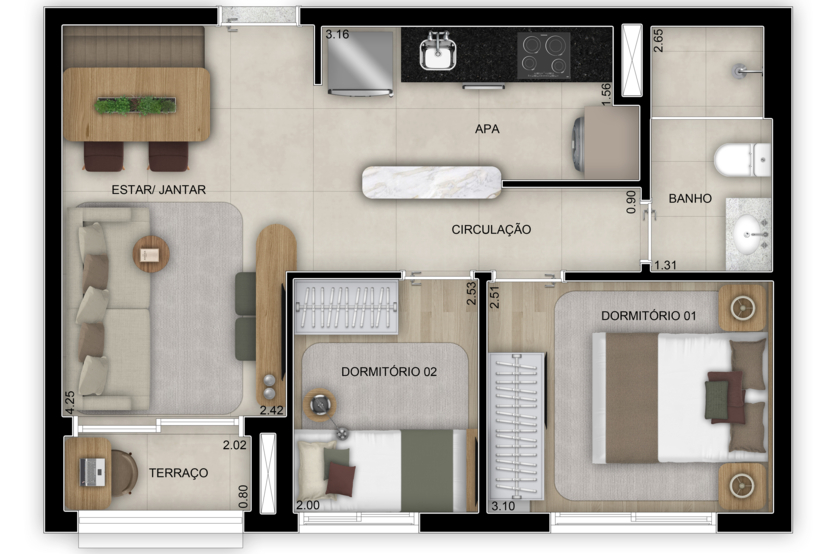 Planta de 2 dorms. - 45m² - Torre 2 (Perspectiva artística)