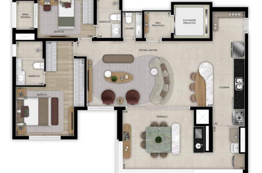 Planta de 2 suítes - Opção ampliada - 113m² - Torre 1 (Perspectiva artística)