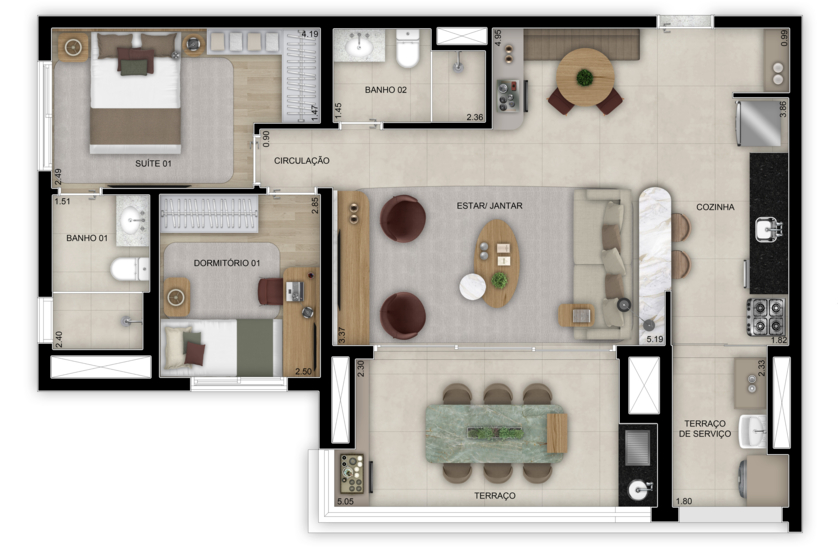 Planta de 3 dorms. (1 suíte) - Opção ampliada - 83m² - Torre 2 (Perspectiva artística) 