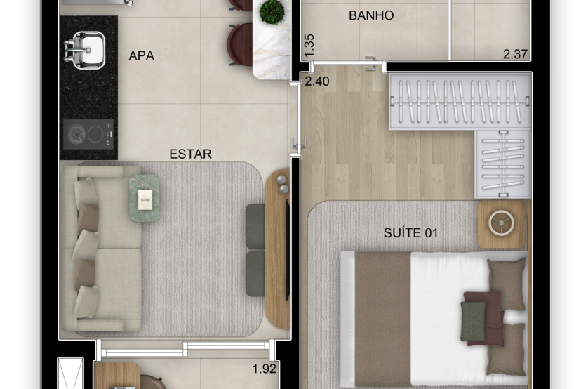 Planta de 1 suíte - 29m² - Torre 2 (Perspectiva artística)