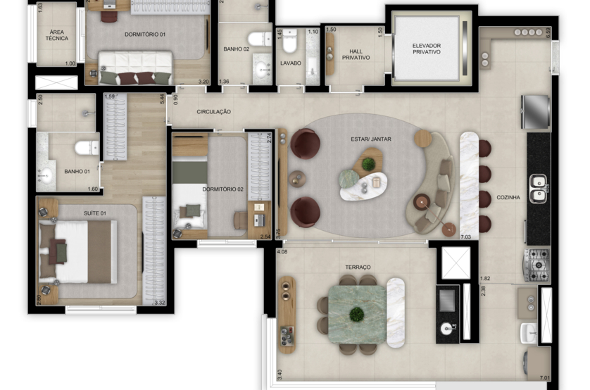 Planta de 3 dorms. (1 suíte) com lavabo - 113m² - Torre 1 (Perspectiva artística)