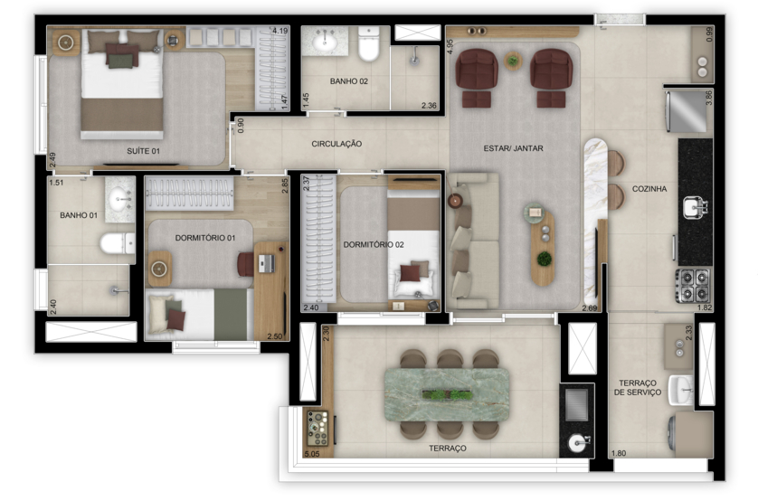 Planta de 3 dorms. (1 suíte) - 83m² - Torre 2 (Perspectiva artística)