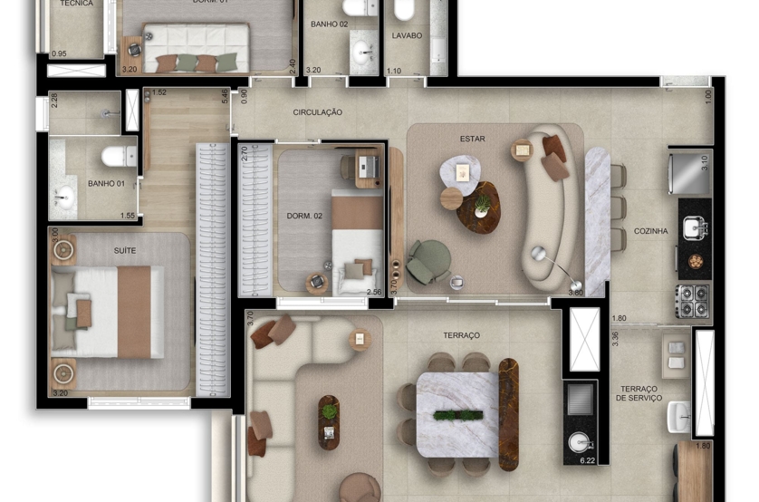 106m² | 3 dorms (1 suíte) Planta tipo com lavabo (Perspectiva preliminar)