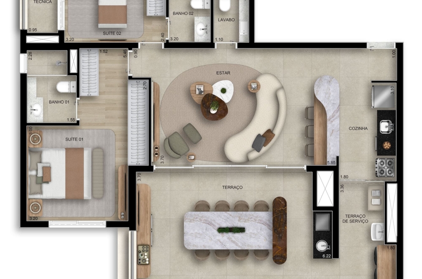 106m² | 2 dorms (2 suítes) opção living ampliado (Perspectiva preliminar)