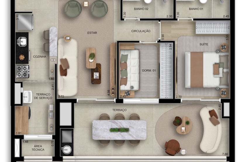 83m² | 2 dorms c/ 1 suíte (Perspectiva preliminar)