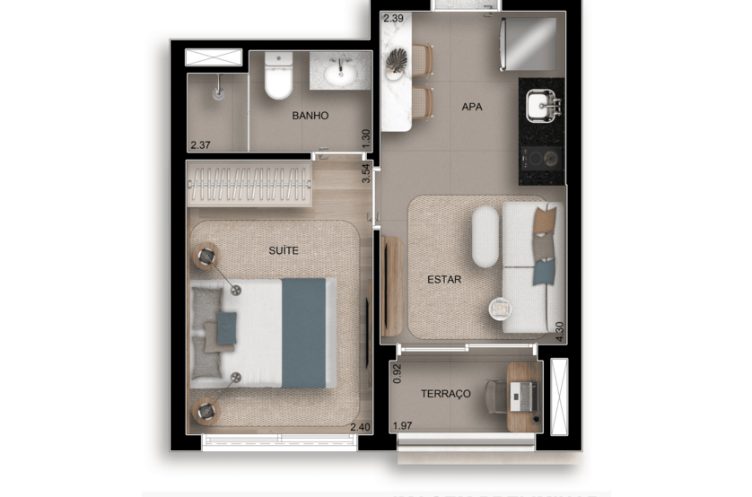 29m² I 1 Suíte (Perspectiva preliminar)