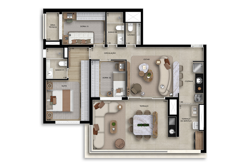 106m² | 3 dorms (1 suíte) C/ lavabo (Perspectiva artística)