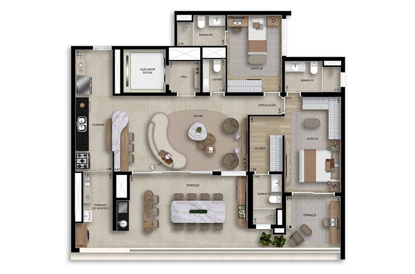 134m² | 2 suítes C/ lavabo (Perspectiva artística)