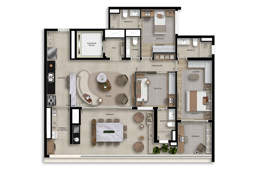 134m² | 3 suítes C/ lavabo (Perspectiva artística)