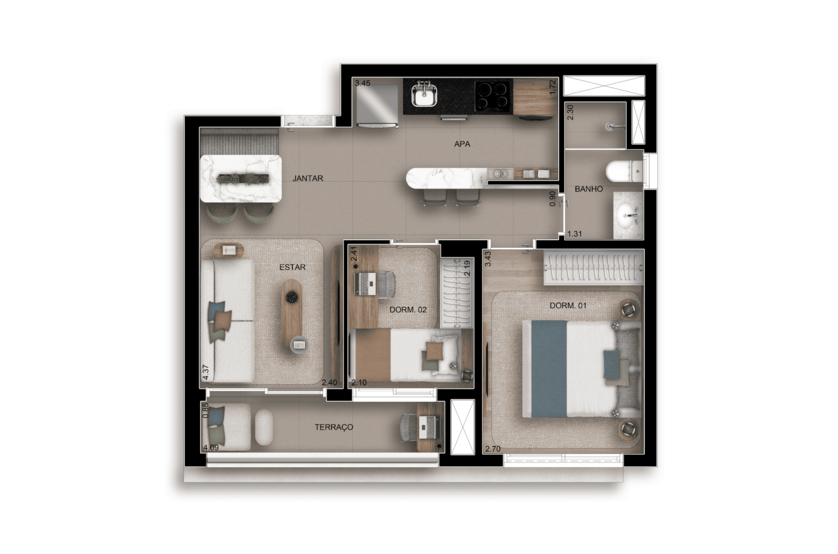 49m² I 2 Dorms (Perspectiva artística)