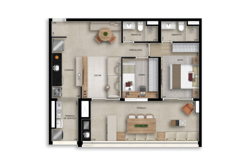 82m² | Planta 02 Dormitórios (Perspectiva artística)