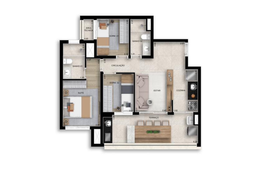 67 m² | 3 Dorms. 1 suíte (Perspectiva artística)