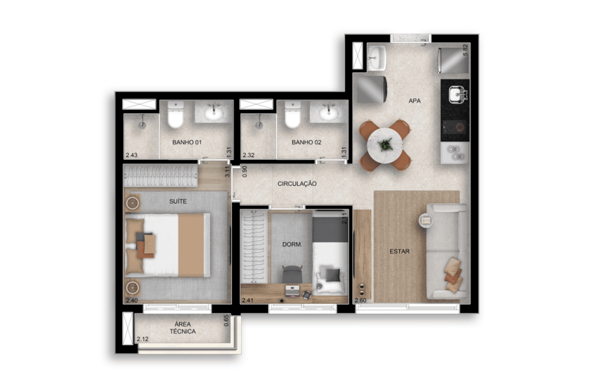 45m² | 2 Dorms. 1 Suíte c/ lavabo (Perspectiva preliminar)