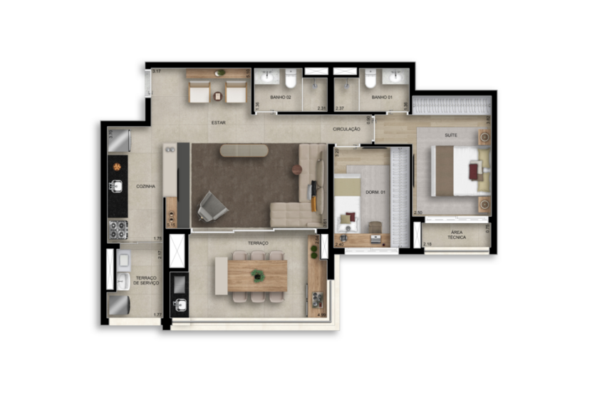 90m² | 02 dorms - Opção ampliado (Perspectiva preliminar)