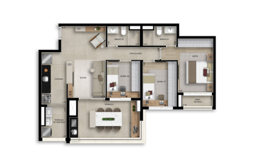 90m² | 03 dorms - 1 suíte (Perspectiva preliminar)