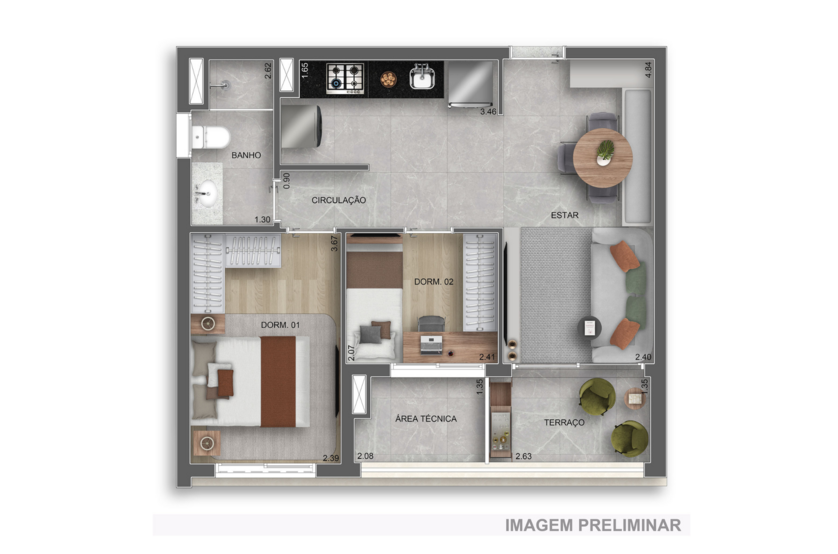 53m² | 02 Dorms. (Perspectiva preliminar)