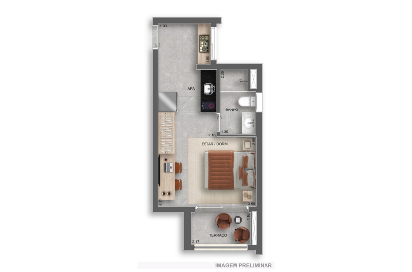 29m² | 01 Dorms. (Perspectiva preliminar)