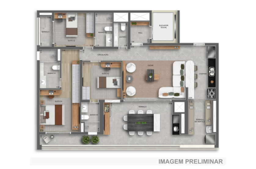 140m² | 3 suítes c/ lavabo (Perspectiva preliminar)