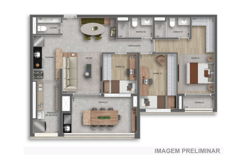 96m² | 3 Dorms (1 suíte) c/ lavabo (Perspectiva preliminar)