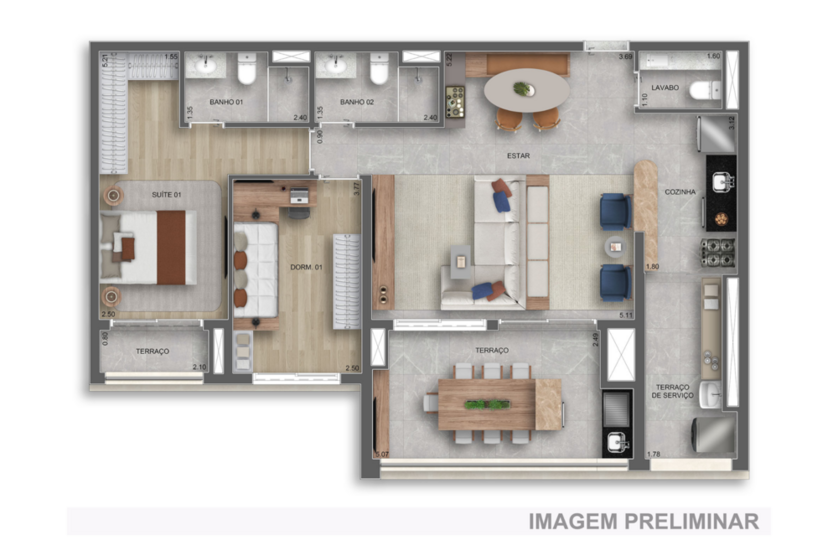 96m² | 2 Dorms opção ampliada (1 suíte)  (Perspectiva preliminar)